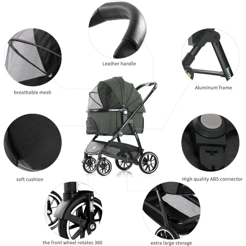 Kenyone Pet Stroller 3 in 1 Dog Stroller for Medium Small Size Dogs, Large Cat Stroller with Detachable Carrier for Puppies