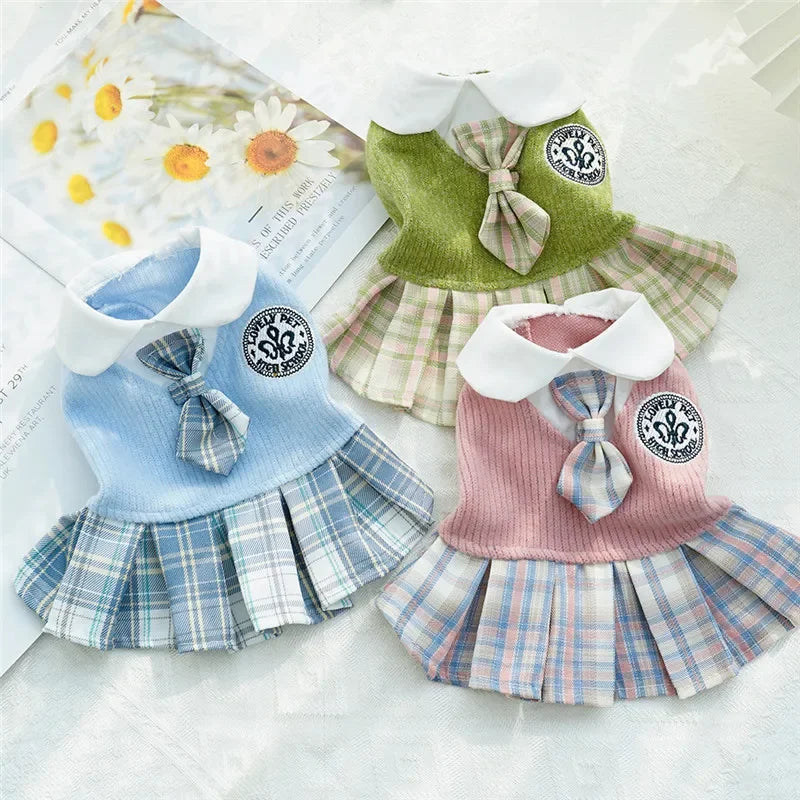 College Style Dog Dress for Small Dogs, Plaid Skirt, Pink,Blue,Green, Spring Clothes, Cat, Chihuahua, Dog Clothes  Pet Clothes