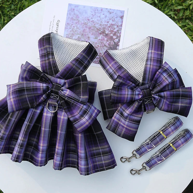 Pet Jk Plaid Dress Dog Harness and Leash Set Bow Skirt Kitten Puppy Vest Luxury Dog Clothes Chihuahua Dog Outfits Bichon Items