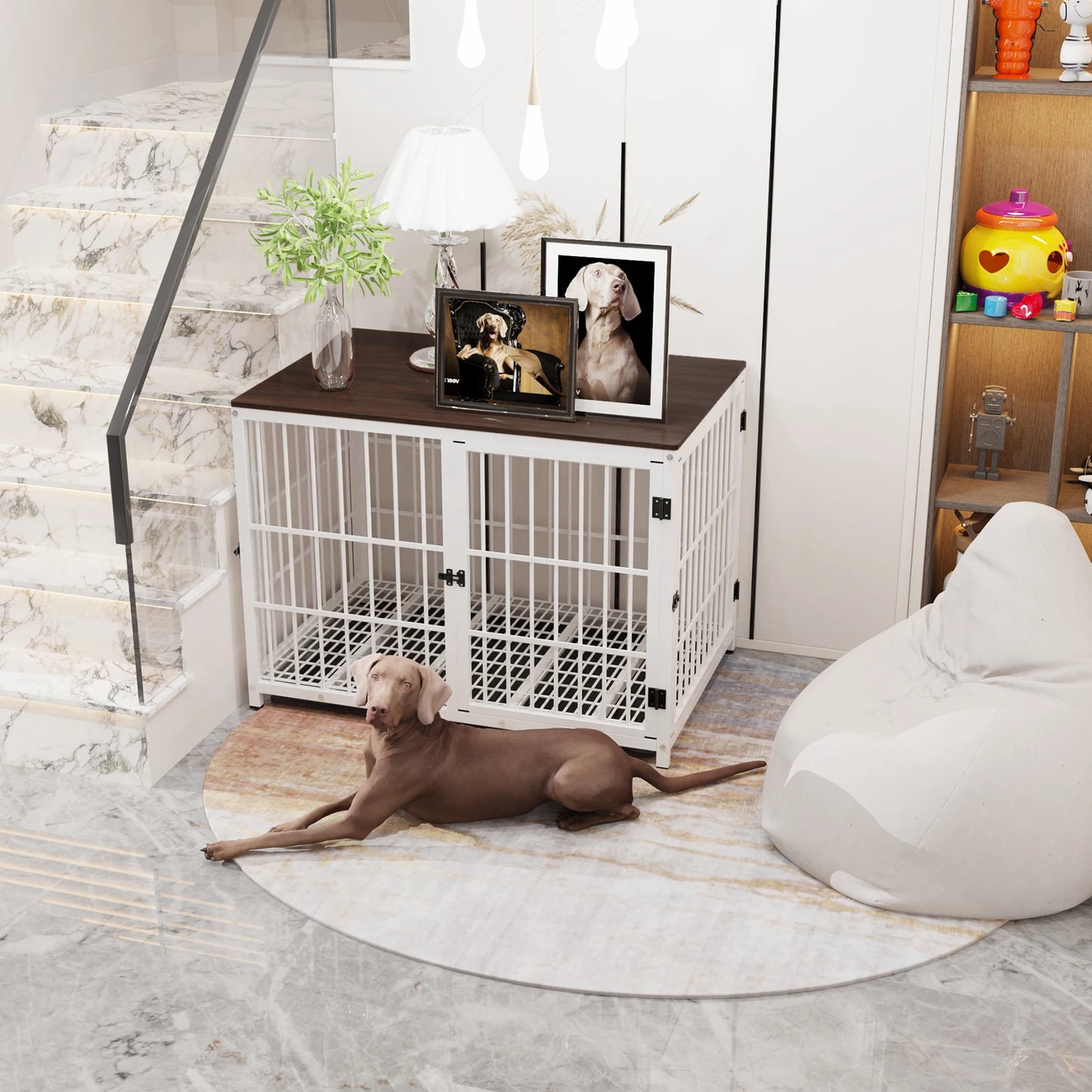 BINGOPAW Dog Crate Furniture Pet Kennel End Table Metal Dog Kennel with Three Doors with Locks and Removable Tray, White/Black