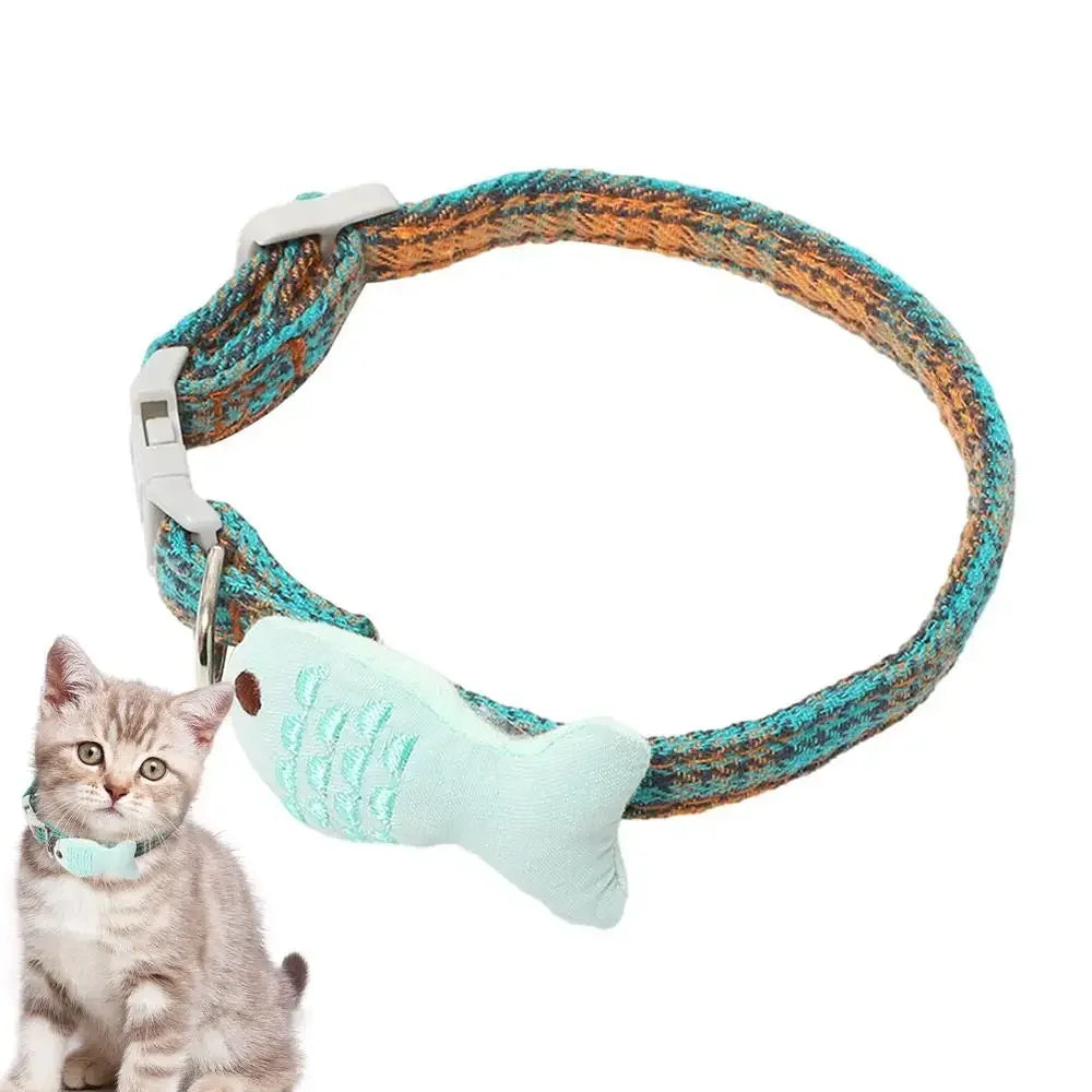 Adjustable Safety Pet Cat Collar with Fish Charm,soft Cotton Elastic Pet Safety and Comfort Cat Collar Kitten Accessories