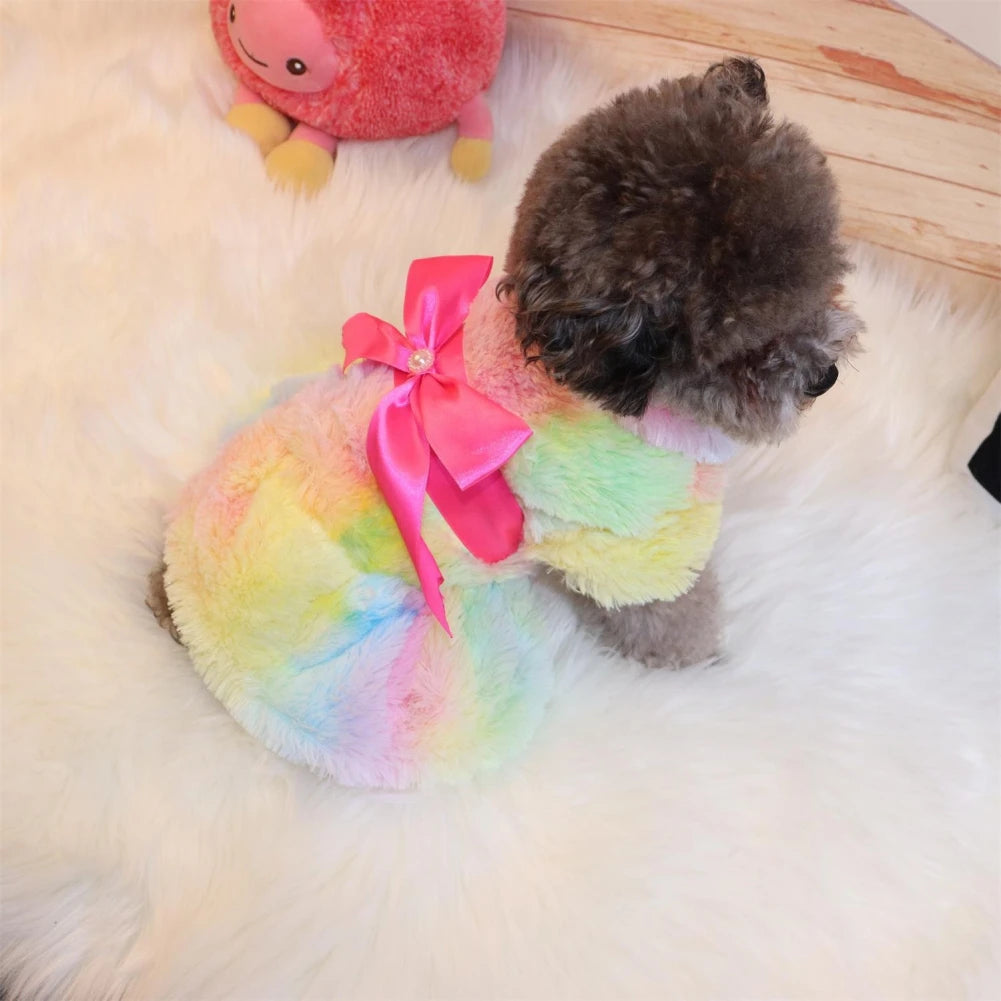 Winter Pet Clothes Elegant Luxury Fur Dress Warm Overcoat Small Dog Cat Clothes Bowknot Leopard Chihuahua Princess Party Dress