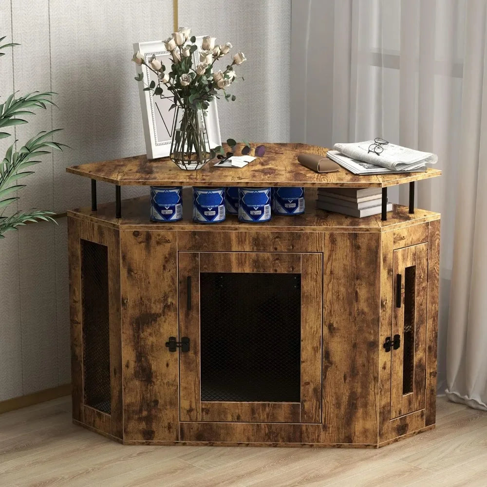 Furniture Style Corner Dog Crate with Cushion 43.9" L Wooden Dog Kennel End Table for Small Medium Dogs, Indoor Dog House