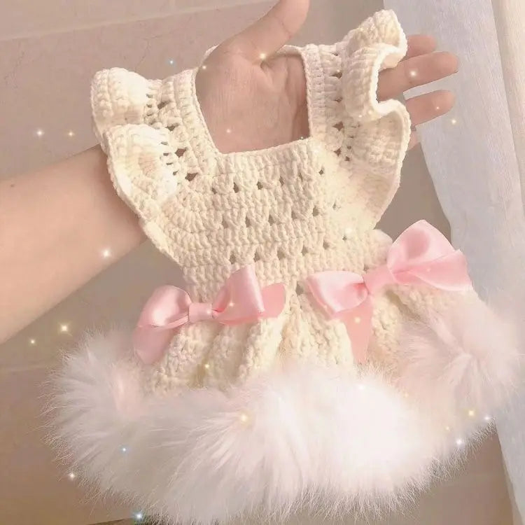 Cat and Dog Dress Autumn Winter Princess Dress Pink Blue Bow Hollow Out Sweater Dress  Fashion Two Legged Pet Clothing