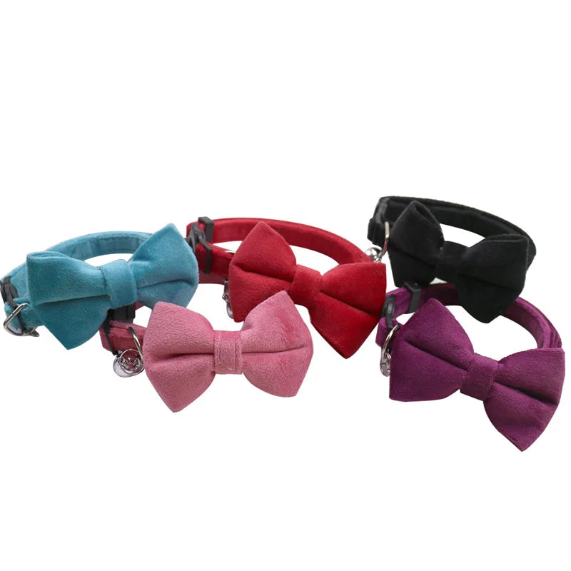 Velvet Cat Collar Solid Color Bowknot Puppy Chihuahua Collars with Bell Adjustable Safety Buckle Cats Bow Tie Pets Accessories