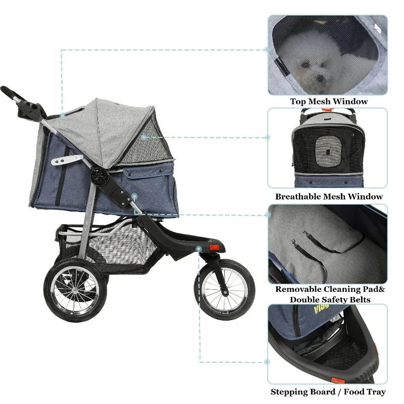 VIAGDO Premium Heavy Duty Dog Stroller for Small Medium Dogs & Cats,3-Wheel Pet Stroller,Foldable Cat Stroller with Suspension