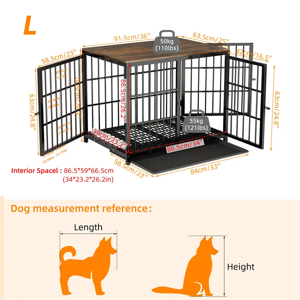 Large Wooden Dog Crate Indoor Furniture Style Elevated Pet Dog Cage Kennel End Table Lattice Playpen with 3 Doors Removable Tray