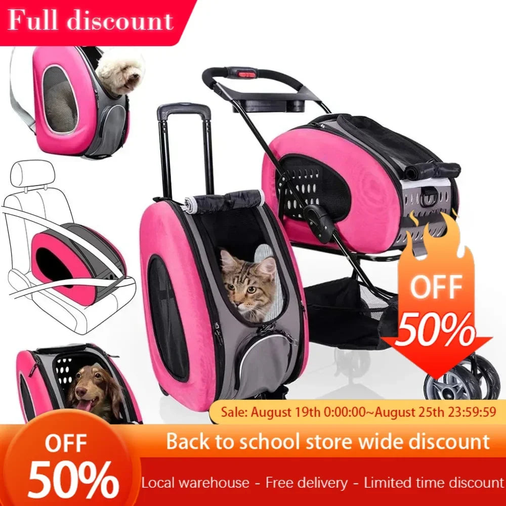 Pet Car, Five in One Convertible and Foldable Small - Multifunctional Combination - 16 Pound Pet - Pink, Cat and Dog Pet Car