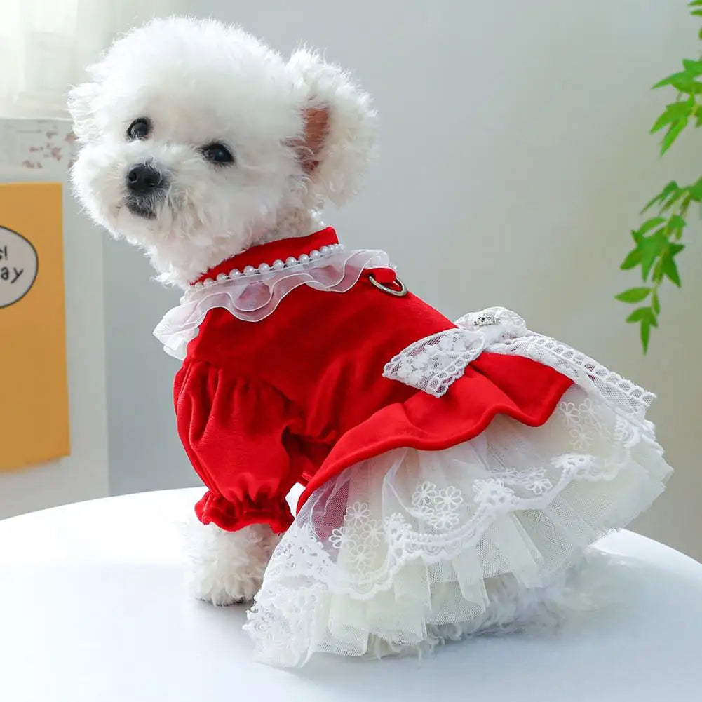 Dog Princess Dress with Bow Tie, Lace Trim, Mesh Stitching, Clothes for Small Dogs, Chihuahua