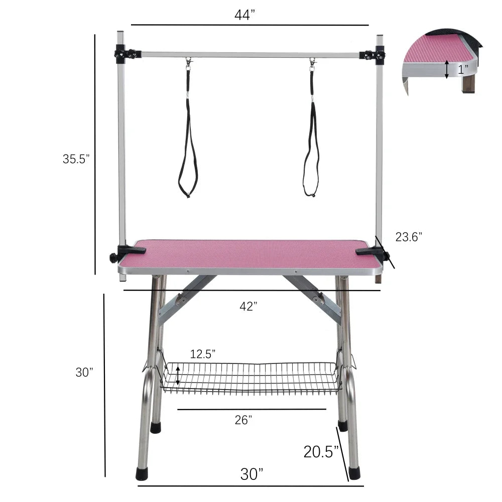 42" Folding Dog Pet Grooming Table Stainless Steel Frame Rubber Mat on Board， Clamps pet dog Cat Grooming Table