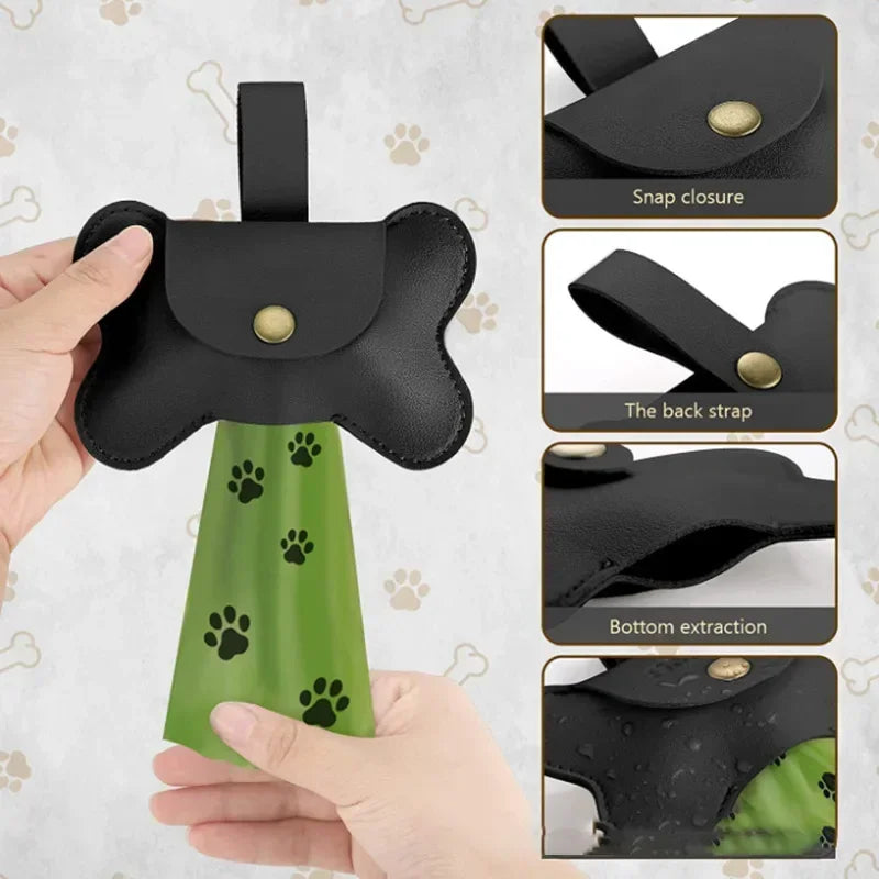 Stylish Dog Poop Pickup Bag Dispenser with Leash Clip Portable Leather Puppy Dogs Poop Bag Holder Outdoor Walking Pet Supplies