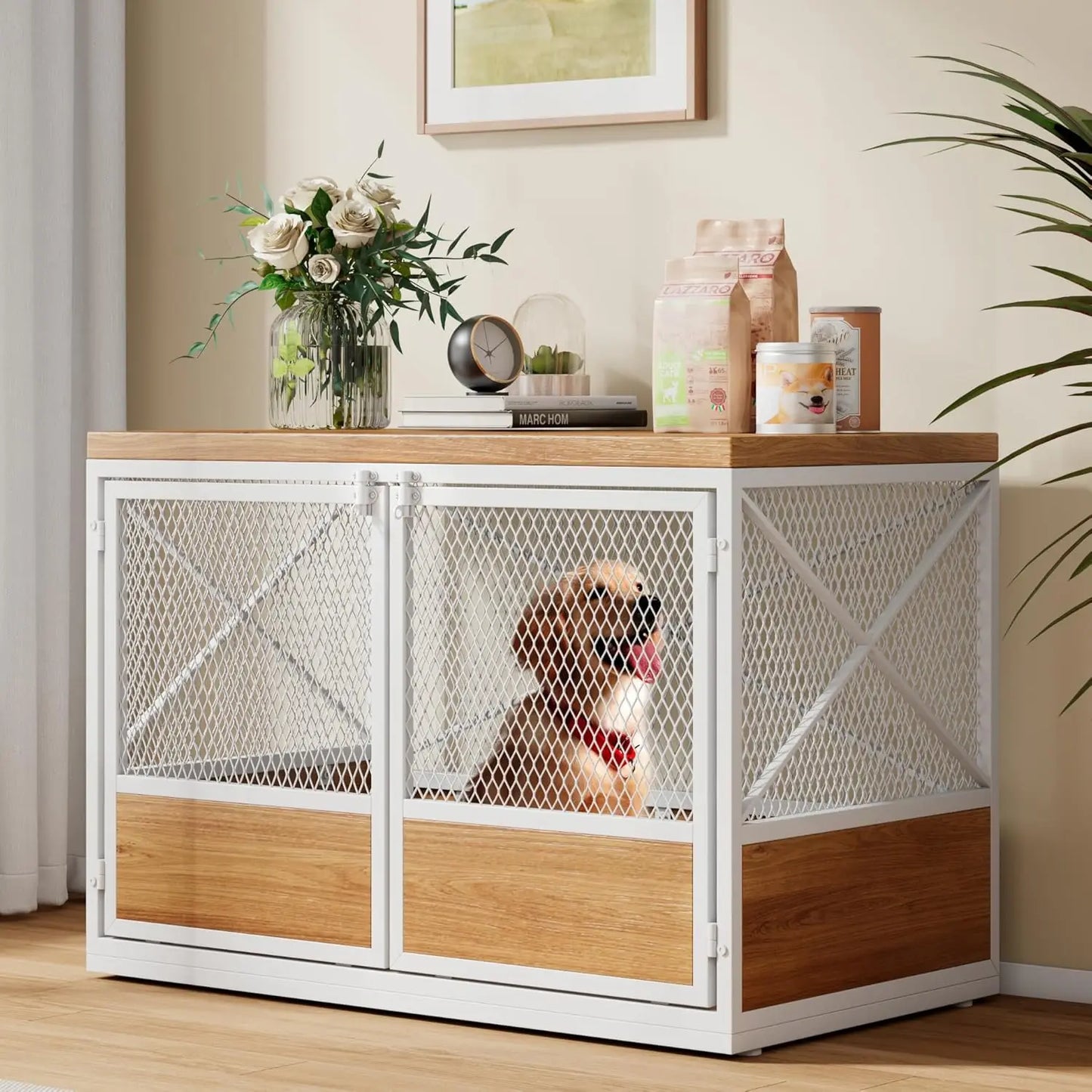 Heavy Duty Large Dog Crate Furniture, 38 Inch Wooden Dog Crate with Double Doors, Indoor Dog Kennel Furniture, Decorative Pet