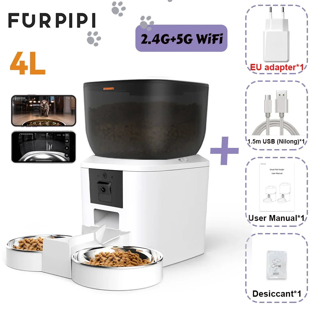 Automatic Feeder for Cats Dogs with Camera HD 4L/8L Furpipi HD 1080P 2.4G/5GWiFi Time Setting Feeder for Pets Dogs Cats Bowls