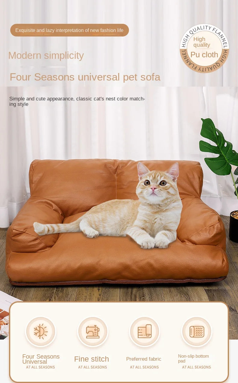 Universal PU Leather Pet Sofa with Non-Slip Bottom, Cat Bed, Couch for Medium Small Dog, Four Seasons