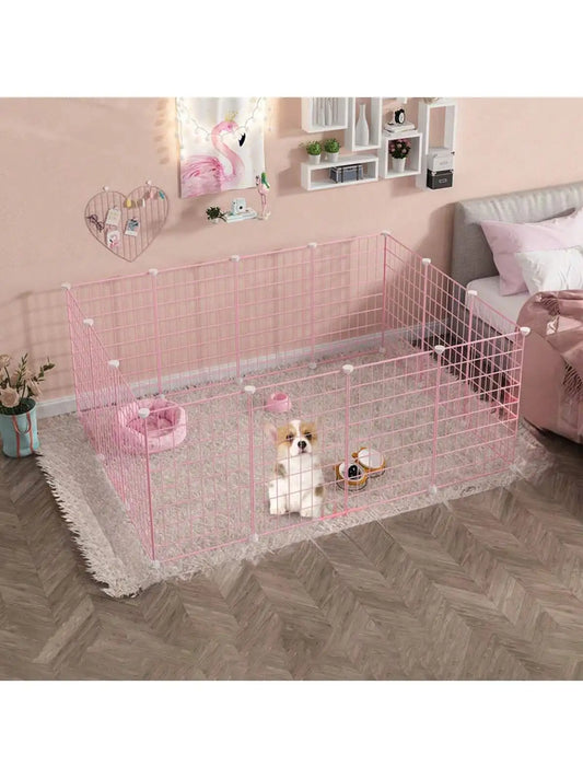 Pink dog pet fence Indoor isolation dog cage Small dog iron guardrail Free combination pet fence for cats and dogs