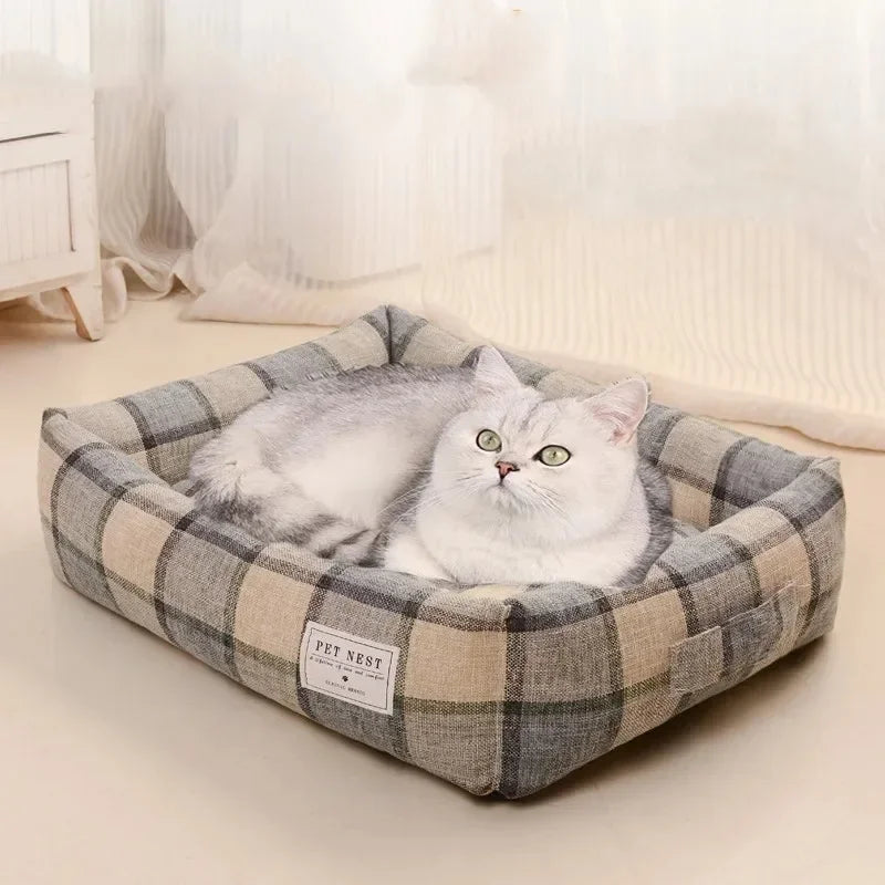 Plaid Printing Soft Removable&Washable Dog Bed Fabric Skin-Friendly Cotton&Linen Breathable Pet Sofa Square Cat Litte Dog Bed