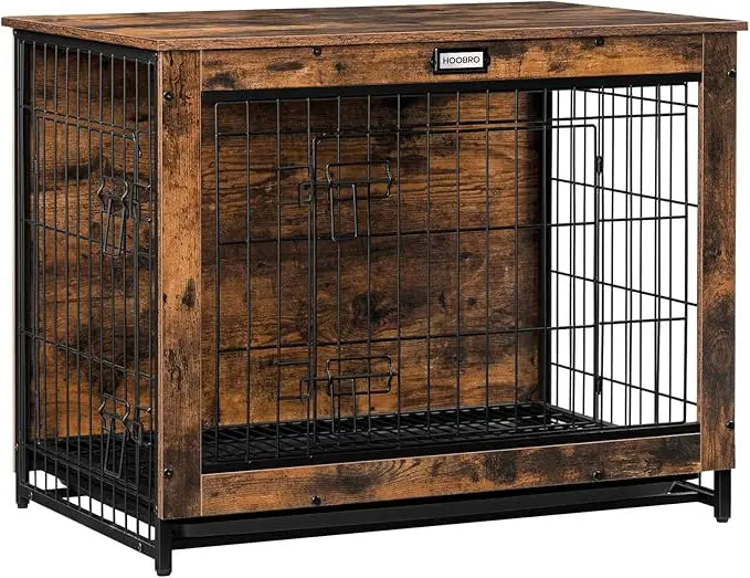 HOOBRO Dog Crate Furniture, 32.5" Medium Dog Kennel Indoor, Wooden Crate with Pull-Out Tray, Double Doors Dog House