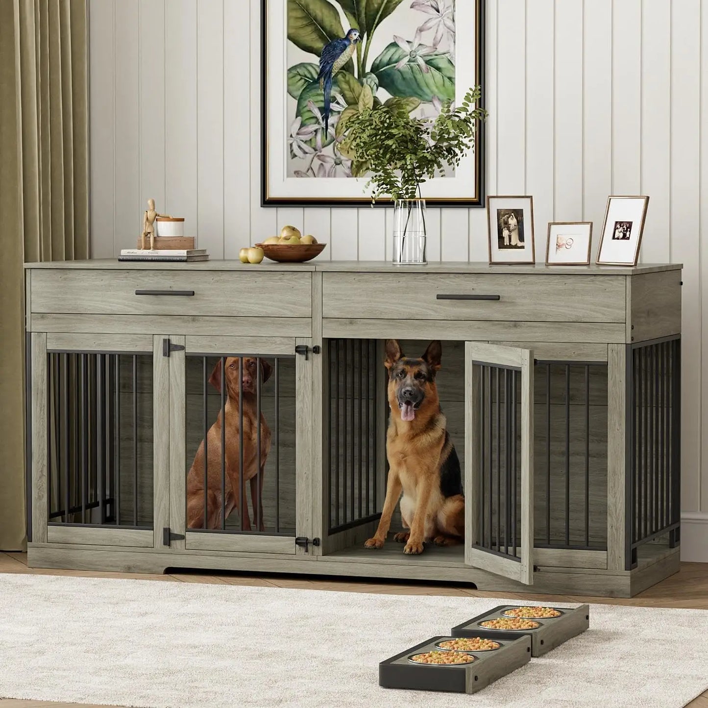 72" Dog Crate Furniture for 2 Dogs, Large Dog Kennel Furniture with 2 Storage Drawer and Removable Divider, Wooden Dog