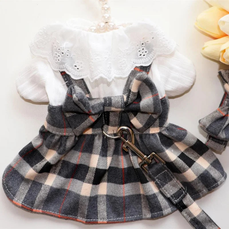 Pet Harness Dress With Leash Set Princess Dog Dress For Small Dog Fashion Simple Plaid Puppy Dresses With D Ring Clothes Outfits