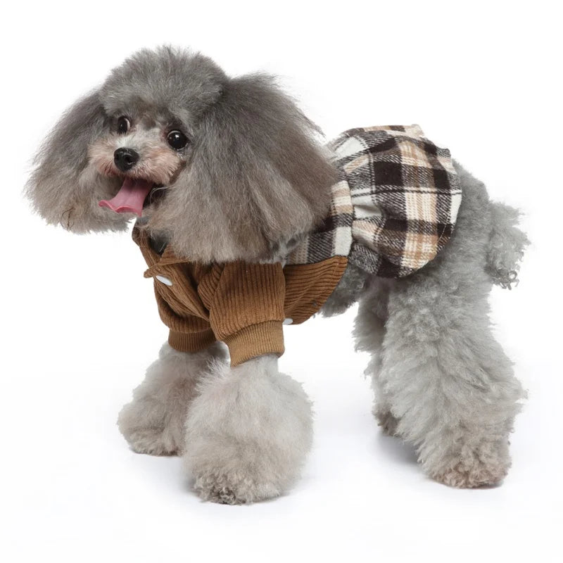 Plaid Dog Hoodie Dress Warm Soft Dog Sweater Skirt Outfit with Hat Autumn Winter Pet Coat Clothes for Small Medium Puppy Wearing