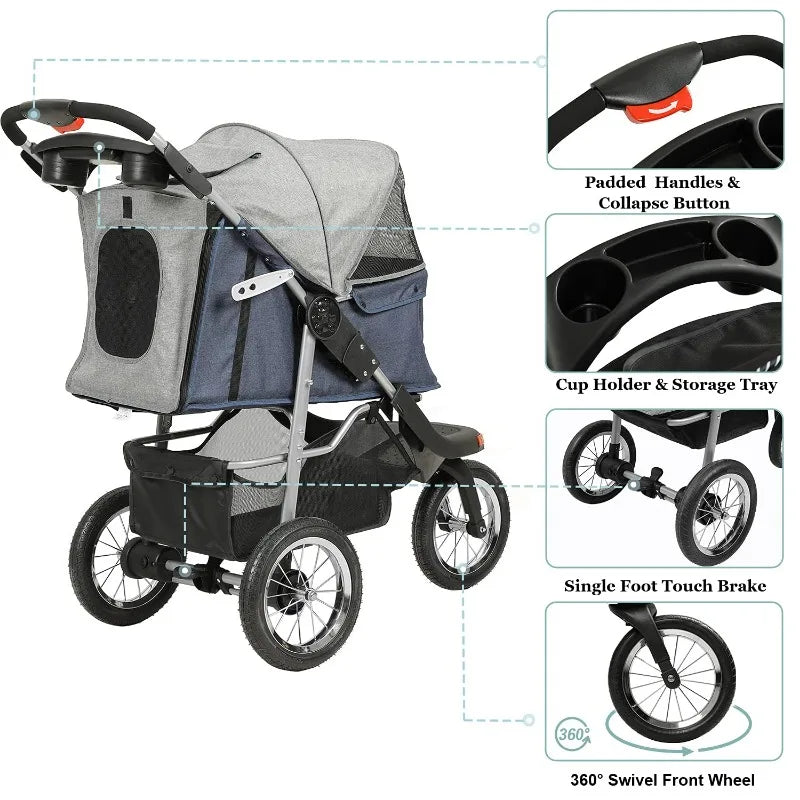 VIAGDO Premium Heavy Duty Dog Stroller for Small Medium Dogs & Cats,3-Wheel Pet Stroller,Foldable Cat Stroller with Suspension