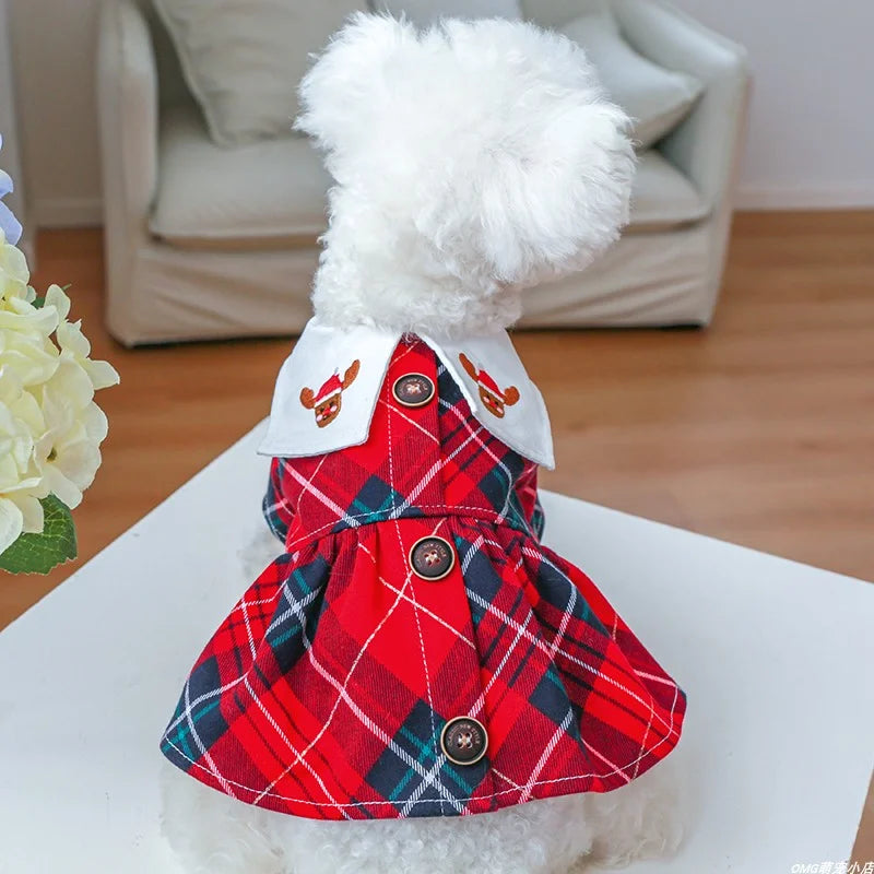 1PC Pet Clothes Spring and Autumn Red Christmas Elk Plaid Princess Skirt Suitable for Small and Medium sized Dogs