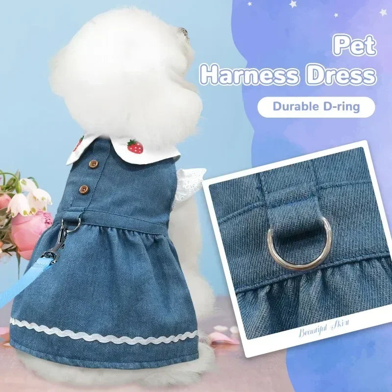 Cute Dog Jeans Dress Strawberry Print Lace Pet Dog Clothes Chihuahua Bichon Frise Summer Puppy Skirt Cat Dog Costume with Buckle