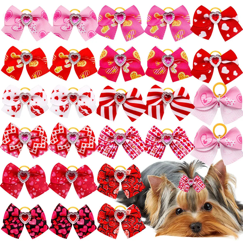 20PCS Red/Pink Series Dog Bows Valentine's Day Bows for Dogs Cute Cat Dog Bows for Rubber Band Pet Hair Bowknot Dog Accessories