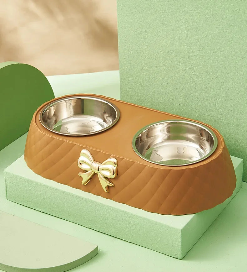 Pet Supplies Bow Tie Cat Food Bowl PP Base Dog Bowl Stainless Steel Double Layer Pet Accessories Feeding and Drinking Double Bow