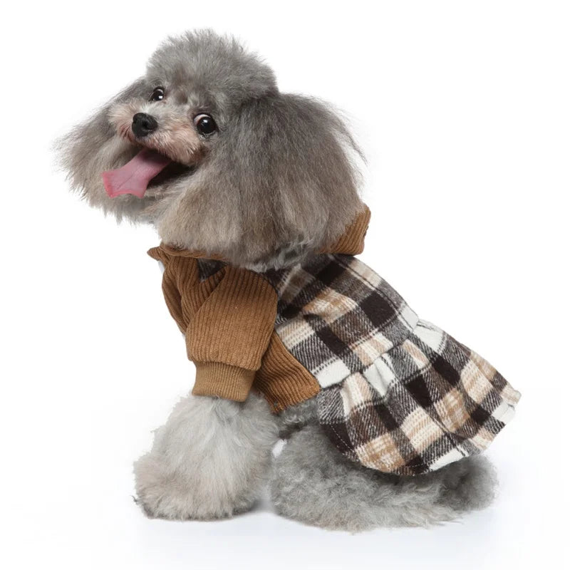 Plaid Dog Hoodie Dress Warm Soft Dog Sweater Skirt Outfit with Hat Autumn Winter Pet Coat Clothes for Small Medium Puppy Outfits