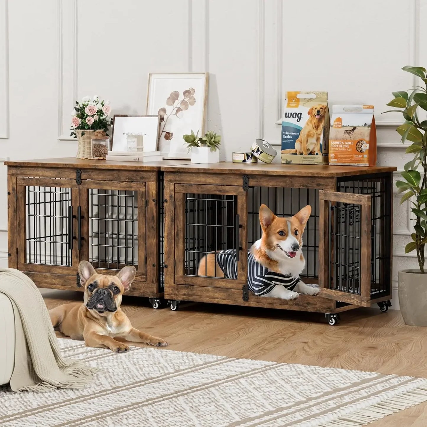 Dog Crate Furniture with Cushion , Large Wooden Dog Kennel Indoor with Double Doors,  Cage with Wheels, House