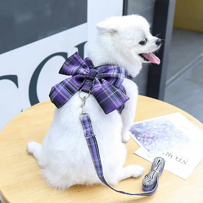 Pet Jk Plaid Dress Dog Harness and Leash Set Bow Skirt Kitten Puppy Vest Luxury Dog Clothes Chihuahua Dog Outfits Bichon Items