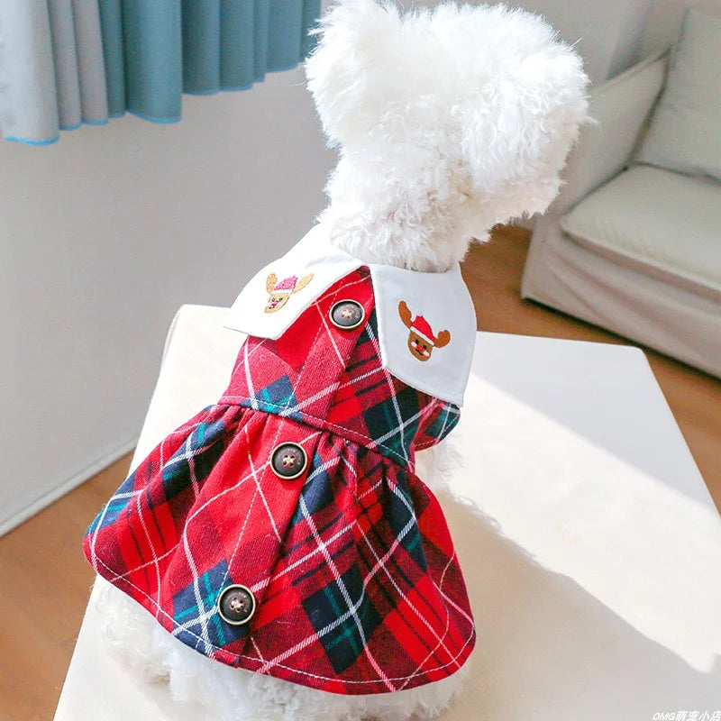 1PC Pet Clothes Spring and Autumn Red Christmas Elk Plaid Princess Skirt Suitable for Small and Medium sized Dogs