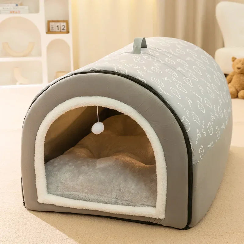 1PC Dog Cave 2 in 1 Detachable Covered Cat Bed with Ball Pendant Cat Hideaway House, Warm Washable Cozy Dog Beds for Large Dogs