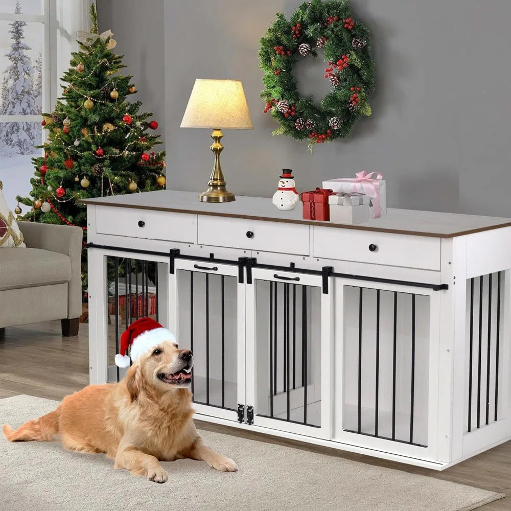 Dog Crate Indoor Furniture for 2 Dogs, Dog Kennel with 3 Drawers and Sliding Doors, Heavy Duty Wooden Dog Cage for Large Medium