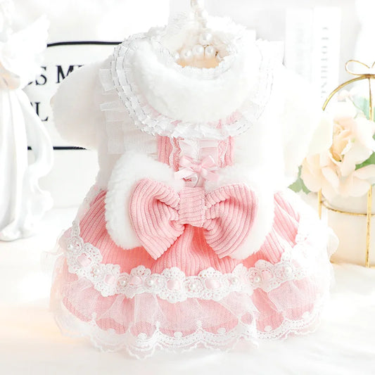 Pink Blue Colors Pet Dresses with Big Bow Decoration, Two Feet Fashionable Dog Clothing for Autumn and Winter