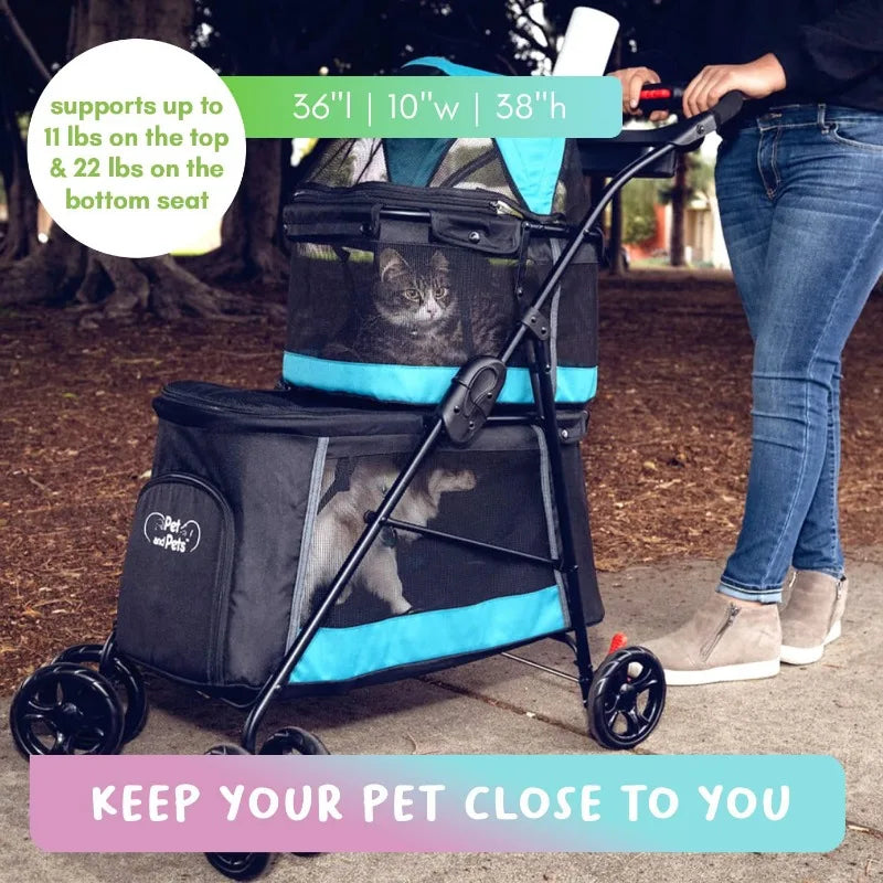 Double Decker Pet Stroller Black Dual Bassinets for Multiple Pets Removable Pee Pads Adjustable Leashes Mesh Windows