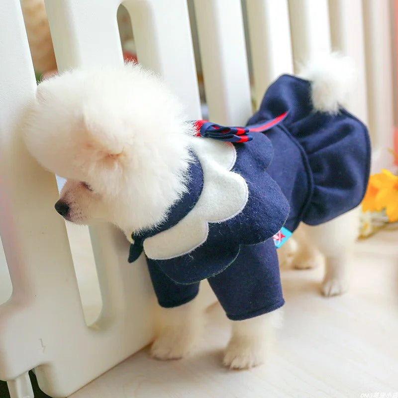 1PC Pet Clothes Cat Autumn/Winter Thickened Petal Collar Bow Princess Dress Navy Blue Suitable for Small and Medium Dogs