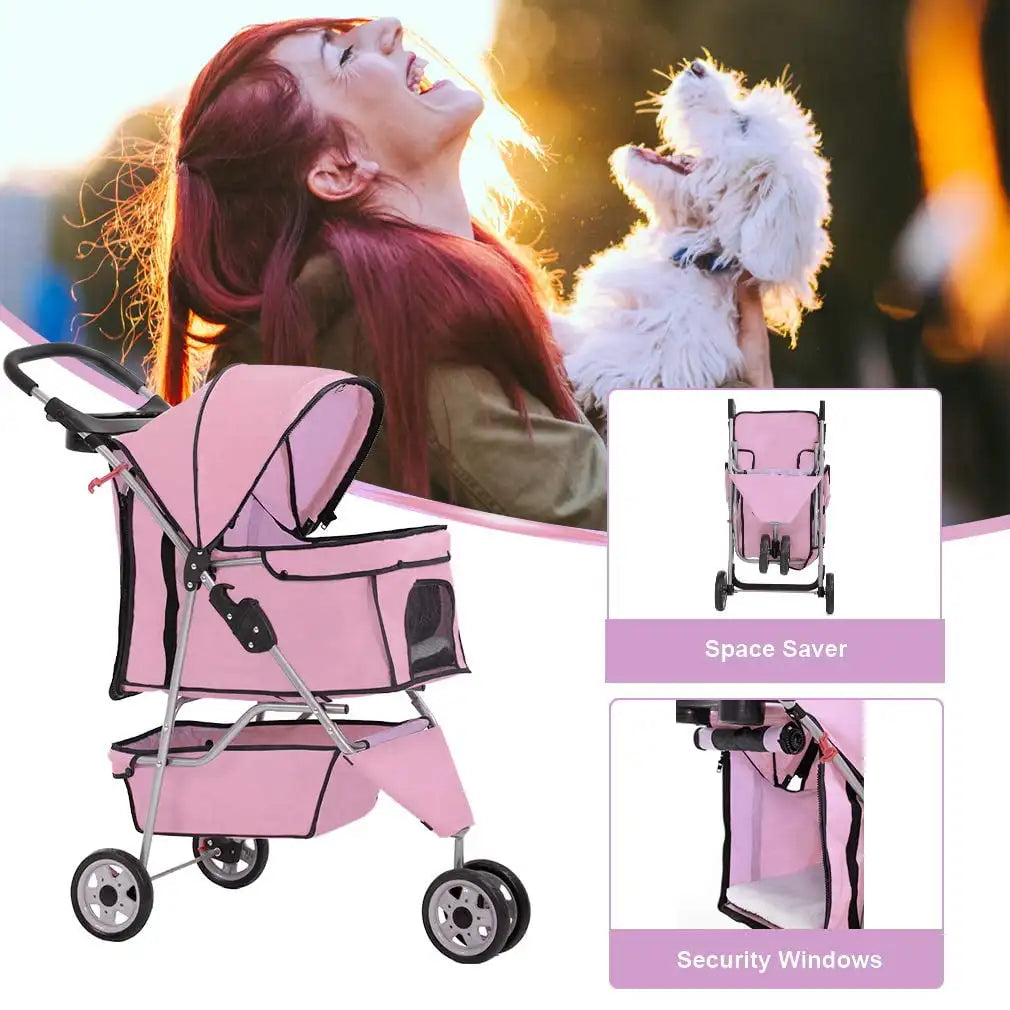 3 Wheels Pet Stroller Dog Cat Stroller for Small Medium  Travel Folding Carrier rotated 360°,have hooded Peak Top Window