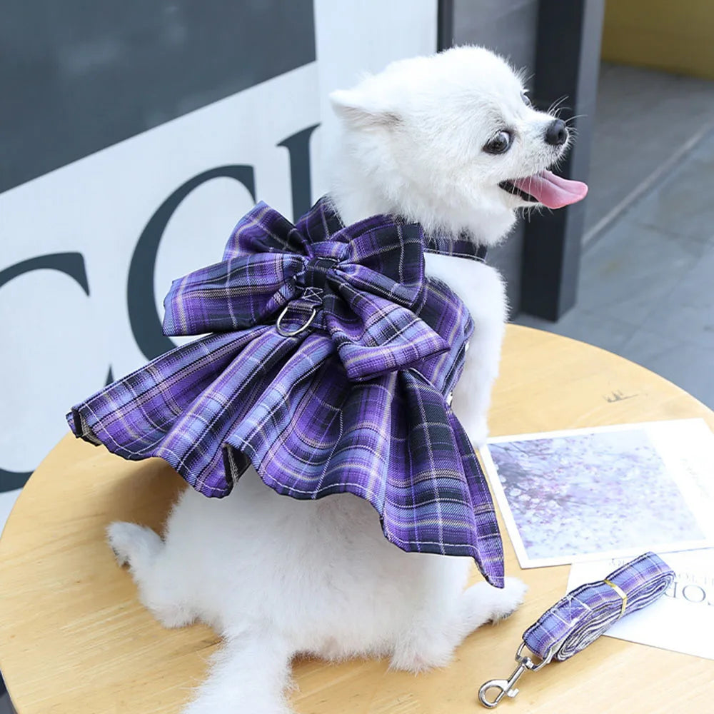 Cute Plaid Dog Dress Harness Leash Set Summer Girl Pet Clothes Bowknot Puppy Princess Dress Cat Dog Holiday Party Costume Outfit