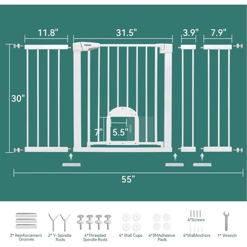 Baby Gate with Adjustable Cat Door, 29-43" Auto Close Durable Dog Gate for Stairs, Doorways and House,
