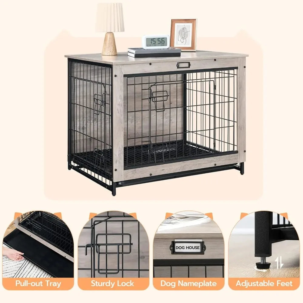 HOOBRO Dog Crate Furniture, 32.5" Medium Dog Kennel Indoor, Wooden Crate with Pull-Out Tray, Double Doors Dog House