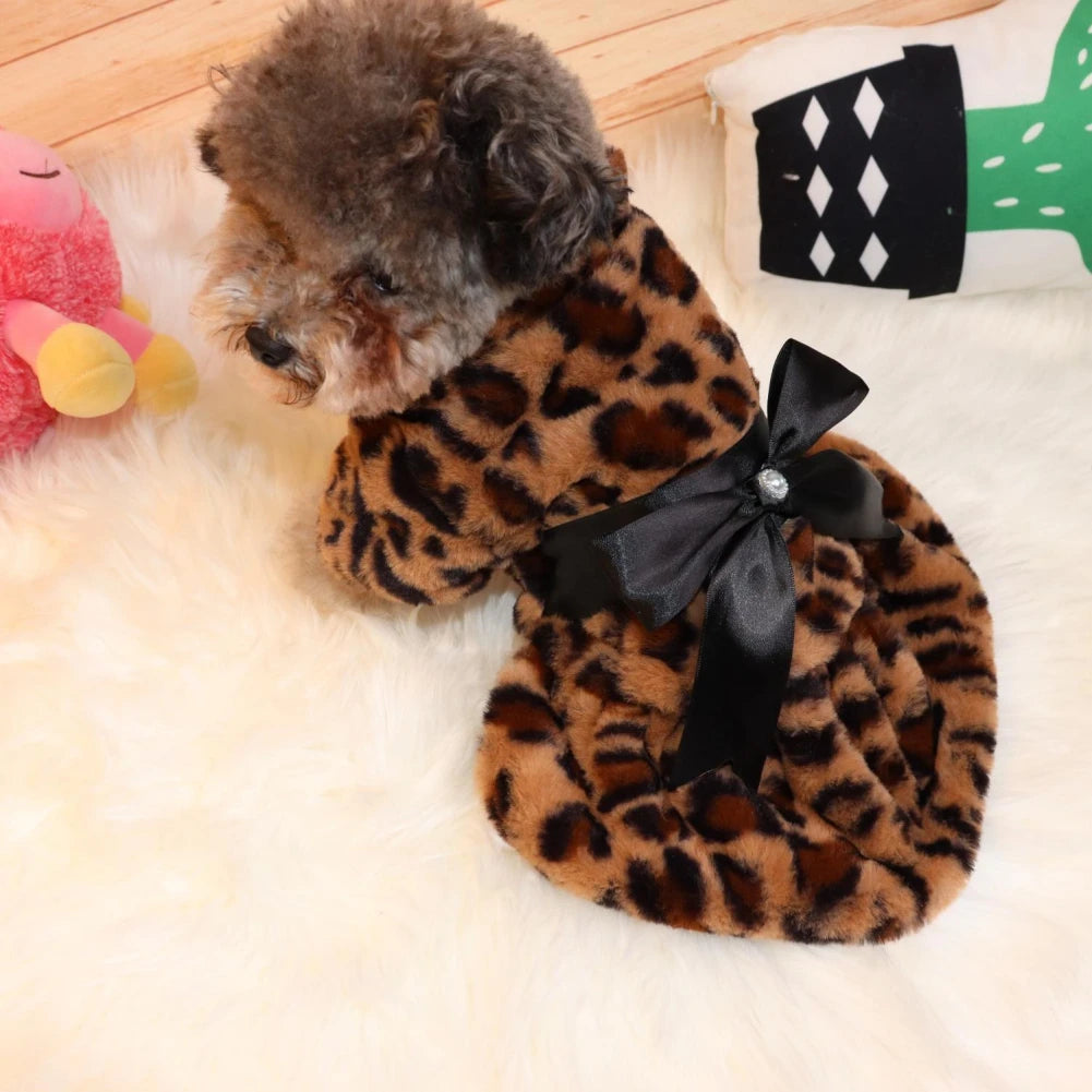 Winter Pet Clothes Elegant Luxury Fur Dress Warm Overcoat Small Dog Cat Clothes Bowknot Leopard Chihuahua Princess Party Dress