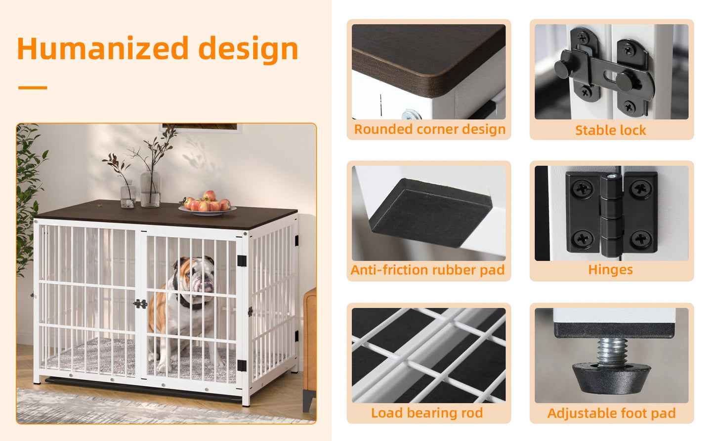 BINGOPAW Dog Crate Furniture Pet Kennel End Table Metal Dog Kennel with Three Doors with Locks and Removable Tray, White/Black