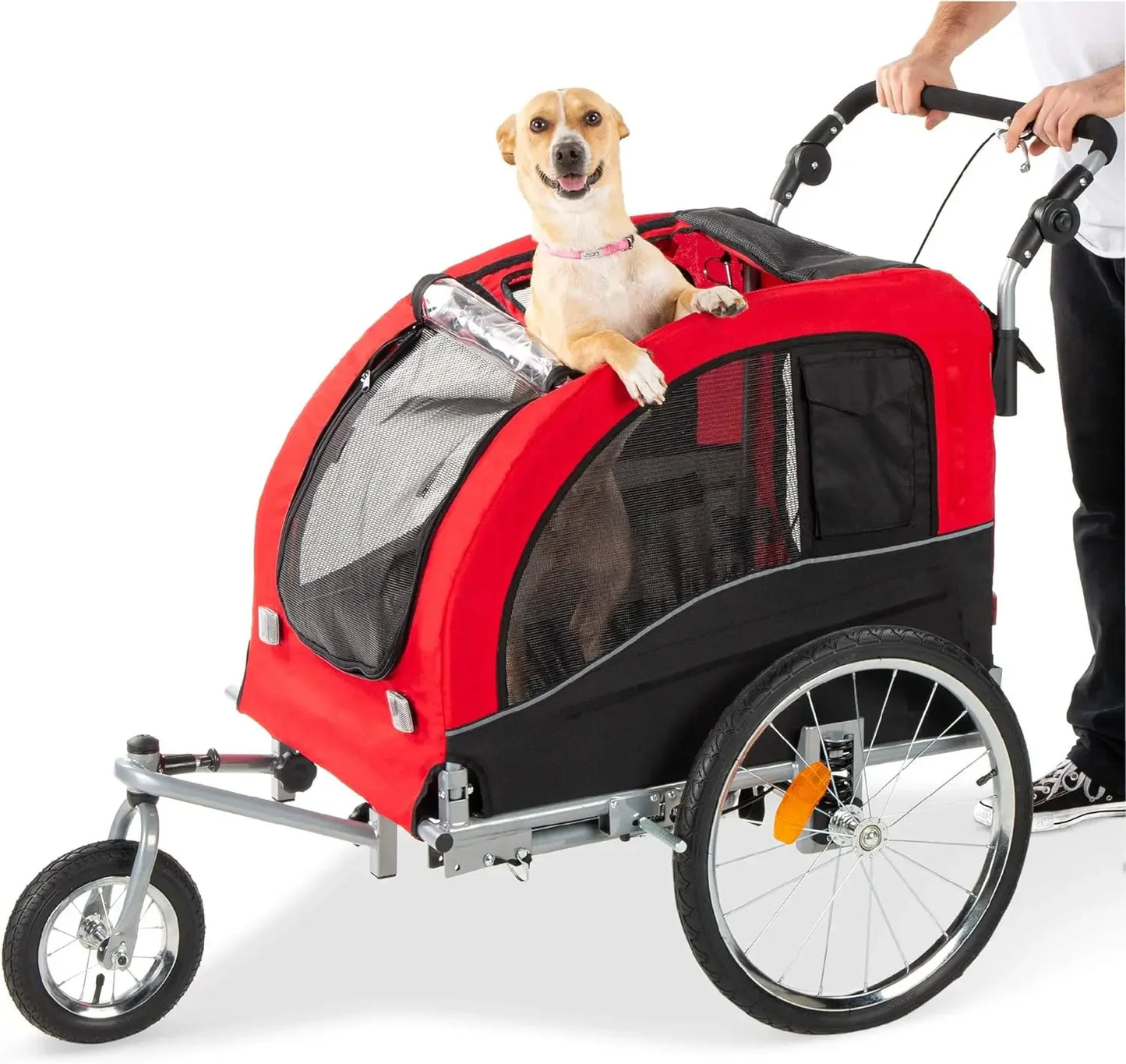 2-in-1 Dog Bike Trailer, Pet Stroller Bicycle Carrier w/Hitch, Suspension, Visibility Flag and Reflectors, 66lb Weight Capacity