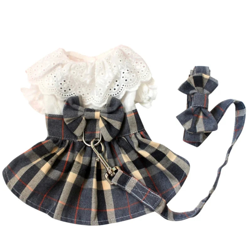 Pet Harness Dress With Leash Set Princess Dog Dress For Small Dog Fashion Simple Plaid Puppy Dresses With D Ring Clothes Outfits