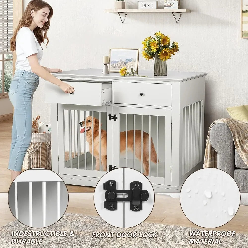 Dog Crate Furniture with Drawers 44inch Wooden Dog Kennel Furniture for Large Breed End Table Wood Dog House for Indoor use