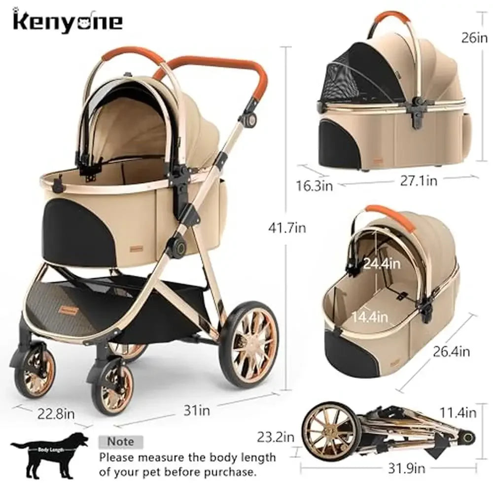 3-in-1 Luxury Pet Stroller Electroplated Gold Mirror Finish Carrier Dogs Cats Medium Small Shock Absorption Safety Wheel Locks