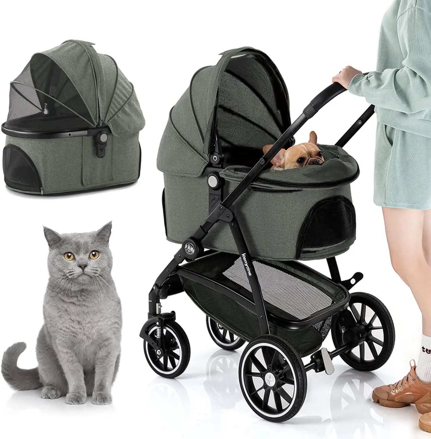 Kenyone Pet Stroller 3 in 1 Dog Stroller for Medium Small Size Dogs, Large Cat Stroller with Detachable Carrier for Puppies