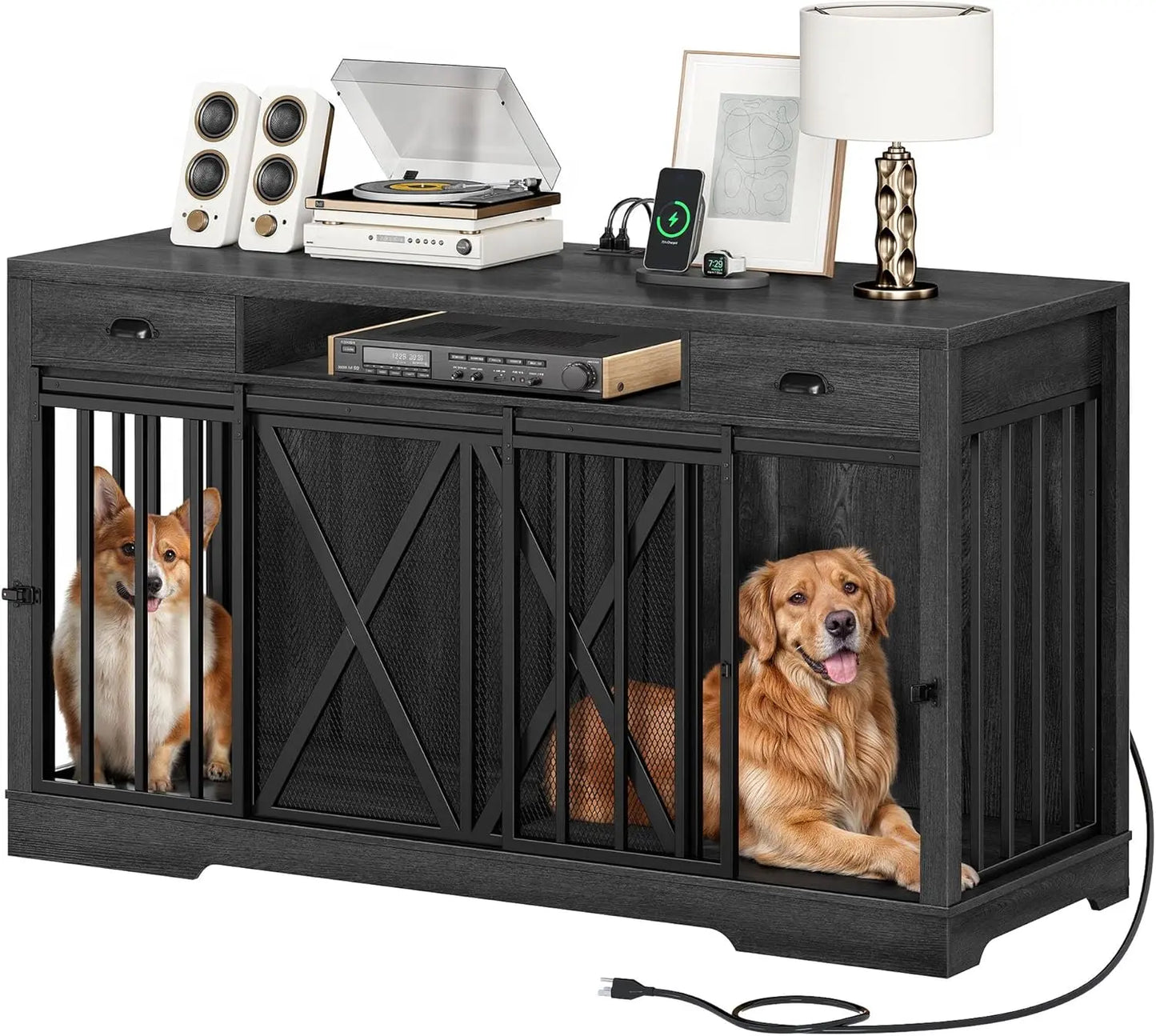 YITAHOME 63 Inch Double Dog Crate TV Stand with Charging Station, Heavy Duty Wooden Dog Crate Furniture for 2 Dogs, Dog Kennel I